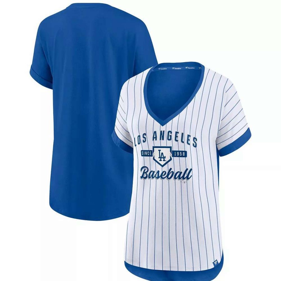 Tops * | Women'S Fanatics Branded White/Royal Los Angeles Dodgers Iconic Noise Factor Pinstripe V-Neck T-Shirt