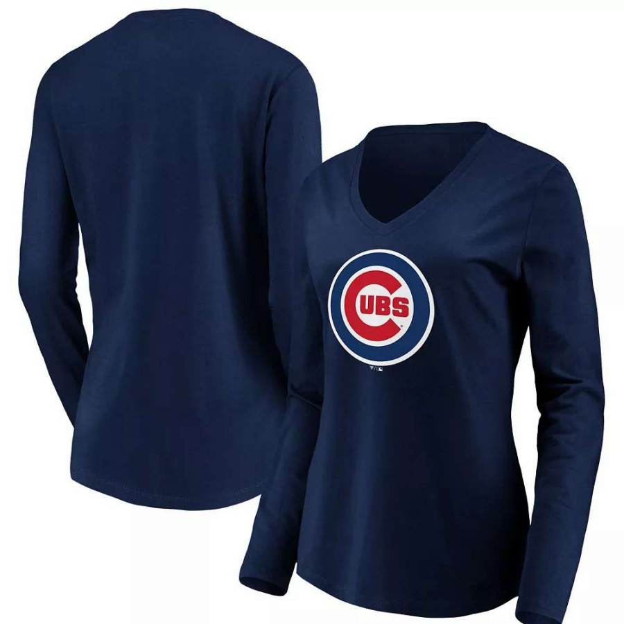 Tops * | Women'S Fanatics Branded Navy Chicago Cubs Official Logo Long Sleeve V-Neck T-Shirt