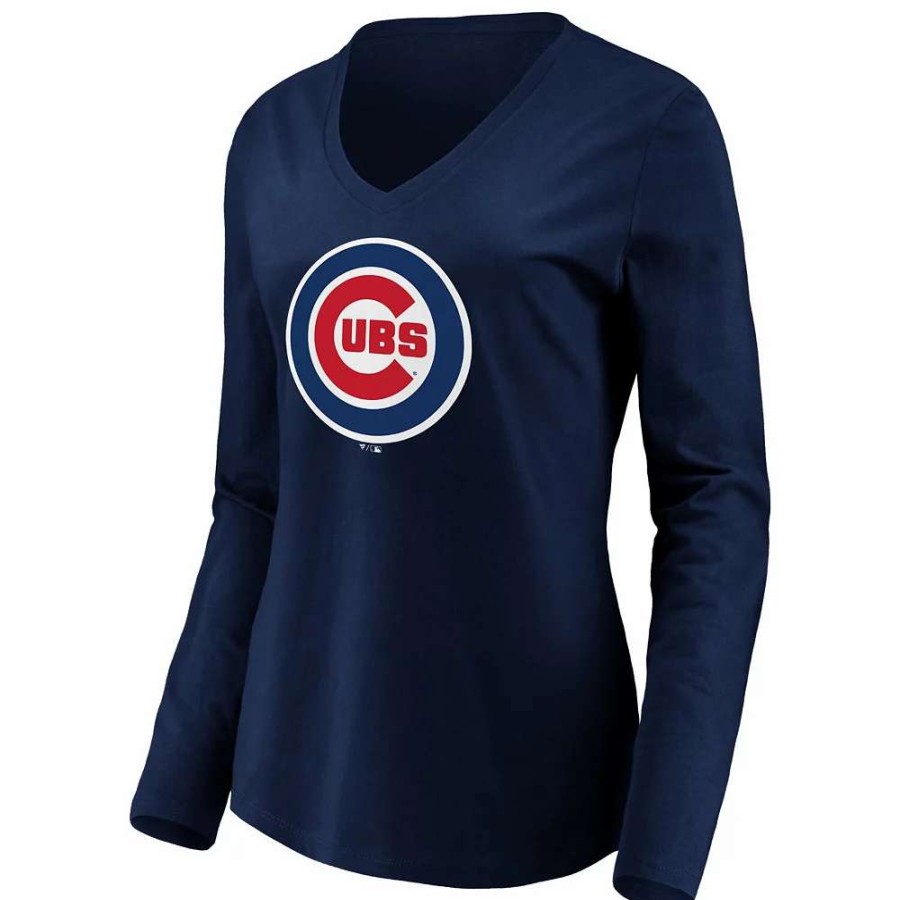 Tops * | Women'S Fanatics Branded Navy Chicago Cubs Official Logo Long Sleeve V-Neck T-Shirt