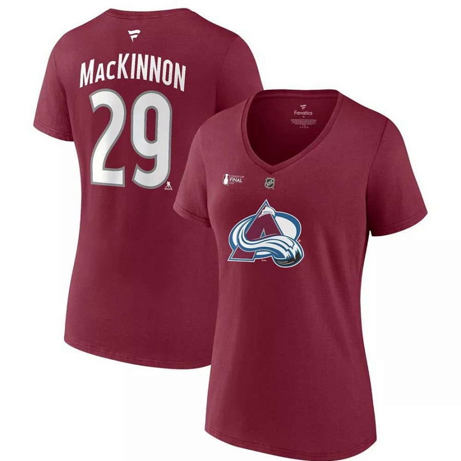 Tops * | Women'S Fanatics Branded Nathan Mackinnon Burgundy Colorado Avalanche 2022 Stanley Cup Final Authentic Stack Name & Number V-Neck T-Shirt