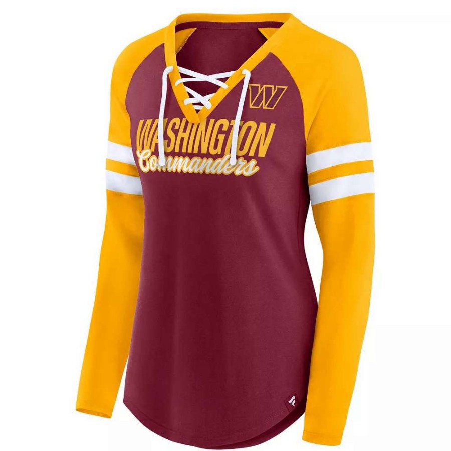 Tops * | Women'S Fanatics Branded Burgundy/Gold Washington Commanders True To Form Raglan Lace-Up V-Neck Long Sleeve T-Shirt