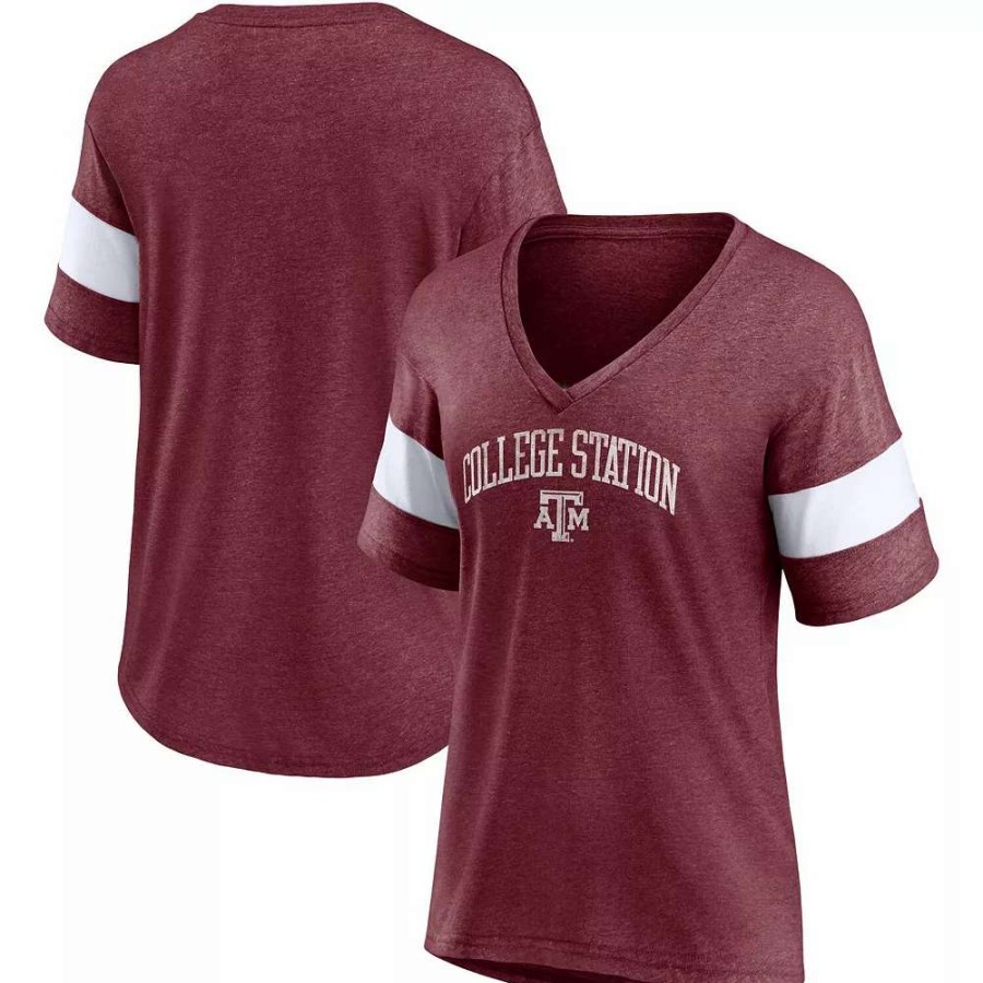 Tops * | Women'S Fanatics Branded Heathered Maroon Texas A&M Aggies Arched City Sleeve-Striped Tri-Blend V-Neck T-Shirt