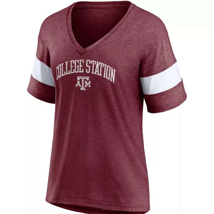 Tops * | Women'S Fanatics Branded Heathered Maroon Texas A&M Aggies Arched City Sleeve-Striped Tri-Blend V-Neck T-Shirt