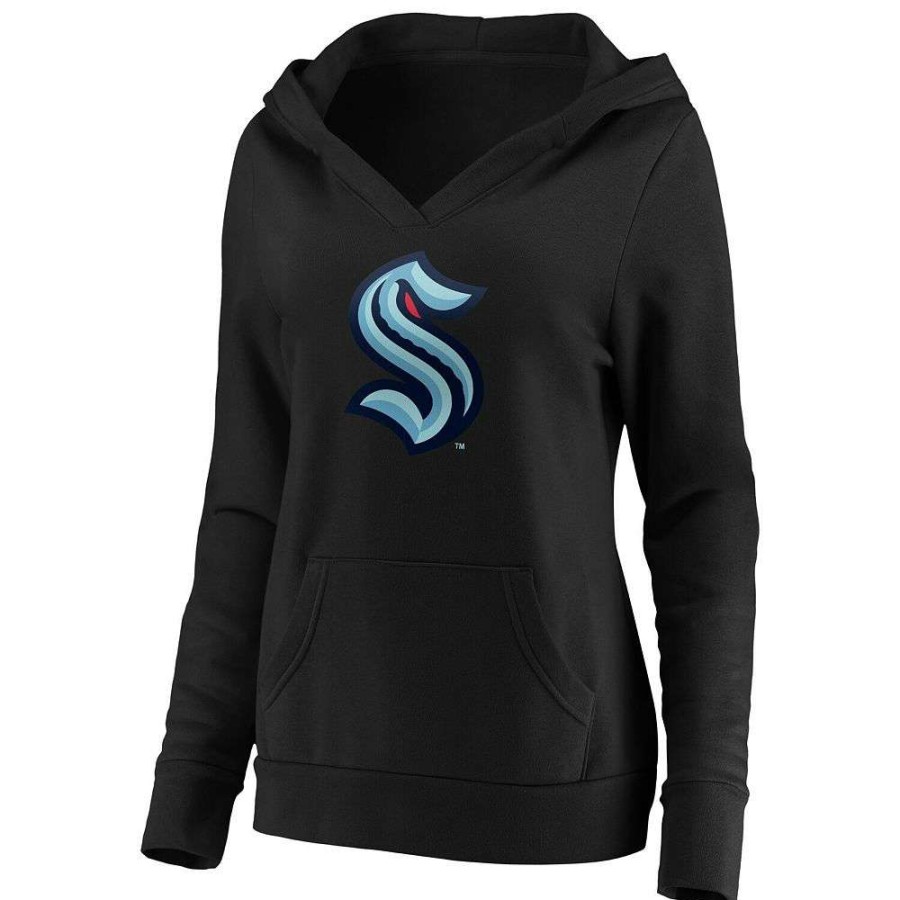 Tops * | Women'S Fanatics Branded Black Seattle Kraken Primary Logo V-Neck Pullover Hoodie