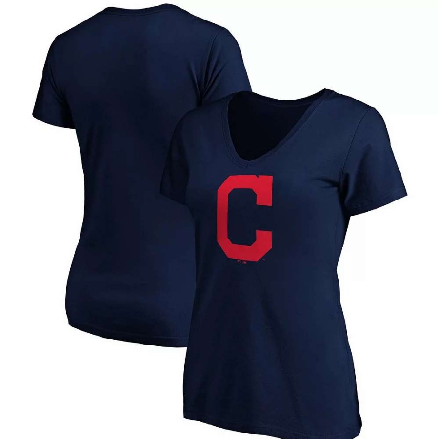 Tops * | Women'S Fanatics Branded Navy Cleveland Indians Plus Size Core Official Logo V-Neck T-Shirt