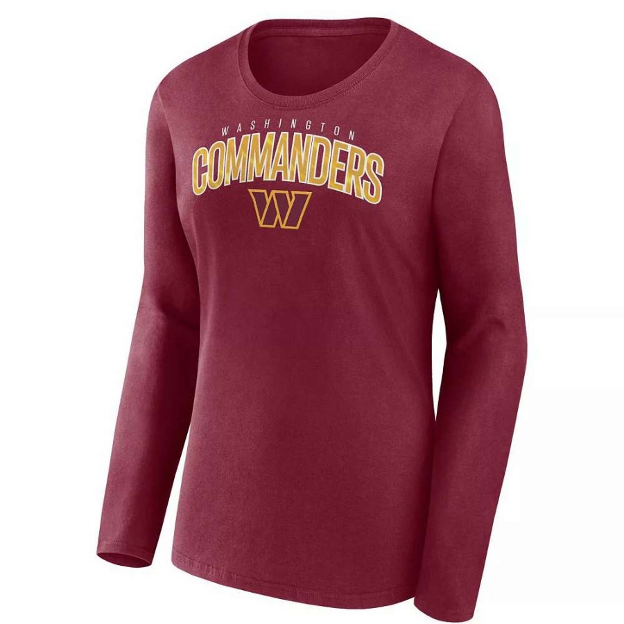 Tops * | Women'S Fanatics Branded Burgundy Washington Commanders Plus Size Measure Distance Scoop Neck Long Sleeve T-Shirt