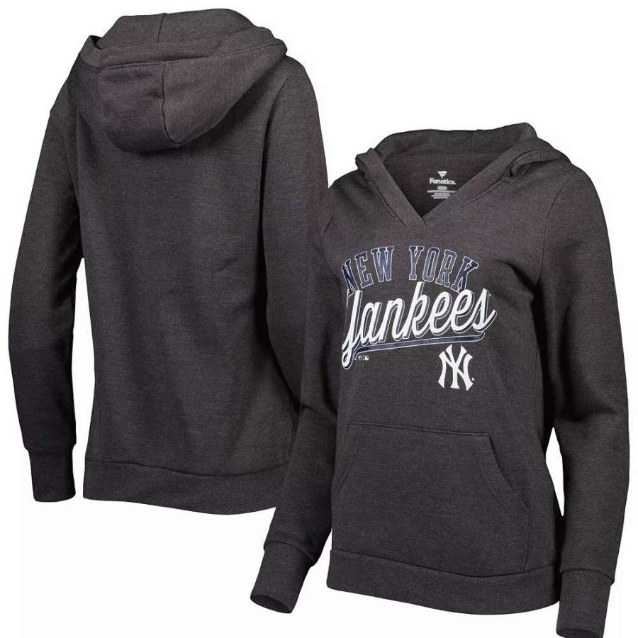 Tops * | Women'S Fanatics Branded Heather Charcoal New York Yankees Simplicity Crossover V-Neck Pullover Hoodie