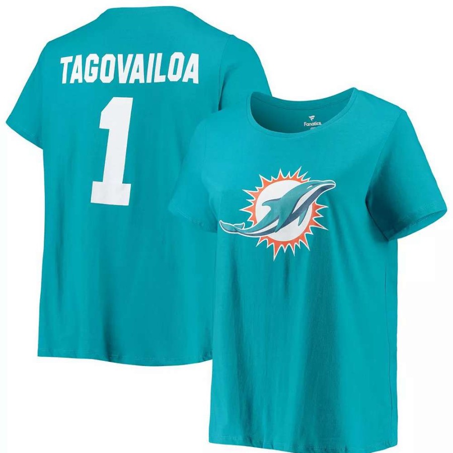 Tops * | Women'S Fanatics Branded Tua Tagovailoa Aqua Miami Dolphins Plus Size Name & Number T-Shirt