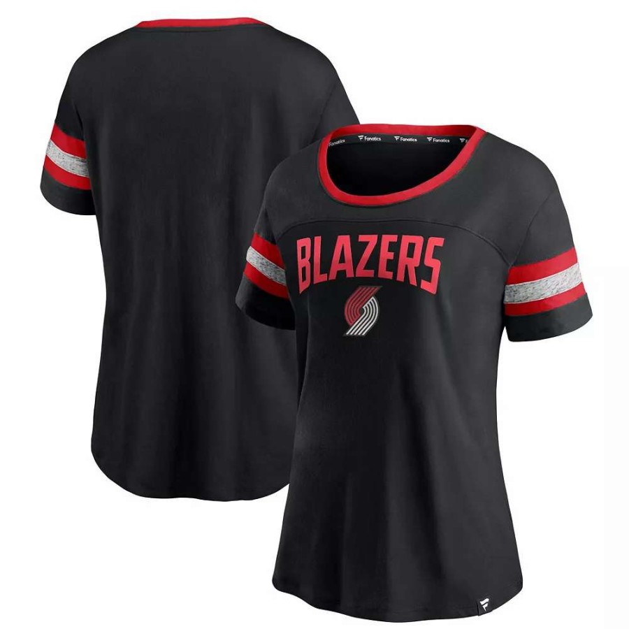 Tops * | Women'S Fanatics Branded Black/Heathered Gray Portland Trail Blazers Block Party Striped Sleeve T-Shirt