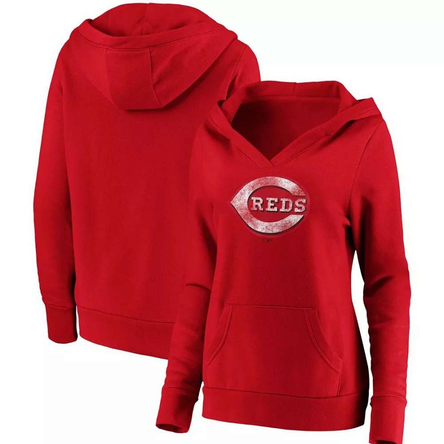 Tops * | Women'S Fanatics Branded Red Cincinnati Reds Core Team Crossover V-Neck Pullover Hoodie