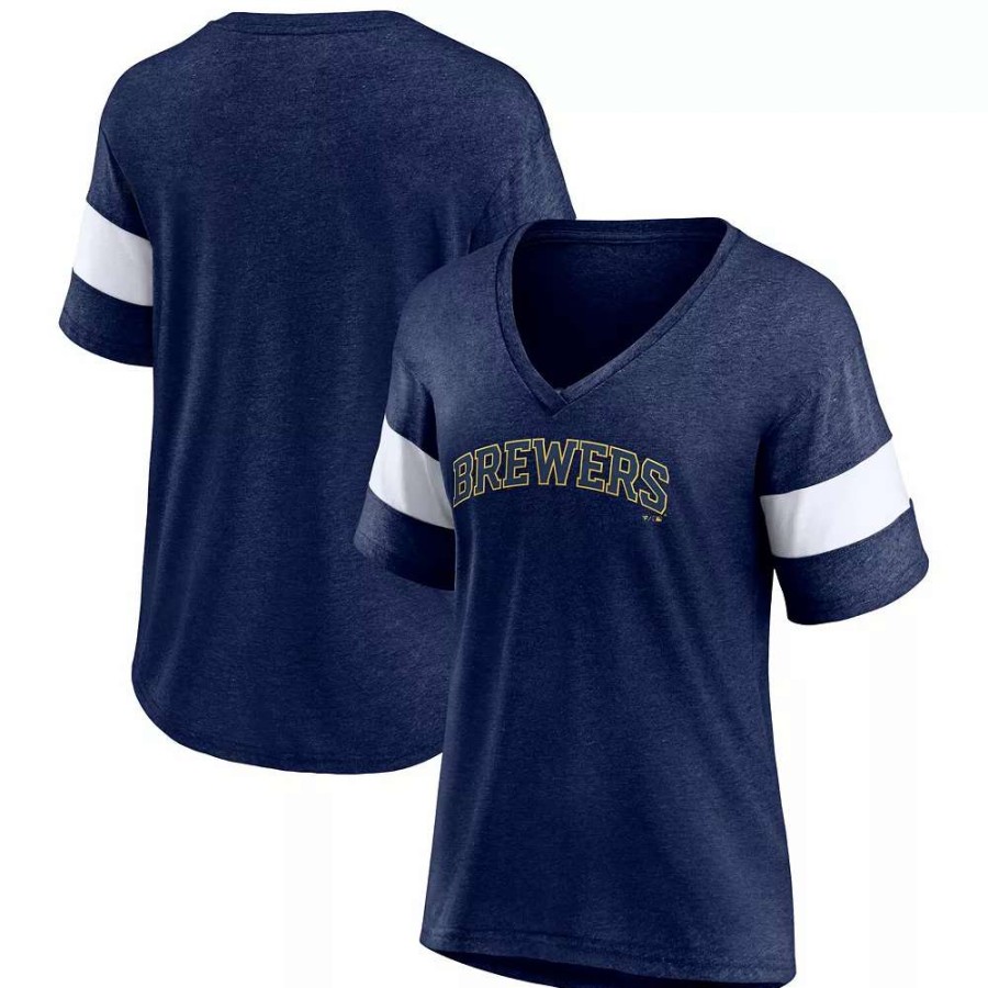 Tops * | Women'S Fanatics Branded Heathered Navy Milwaukee Brewers Wordmark V-Neck Tri-Blend T-Shirt