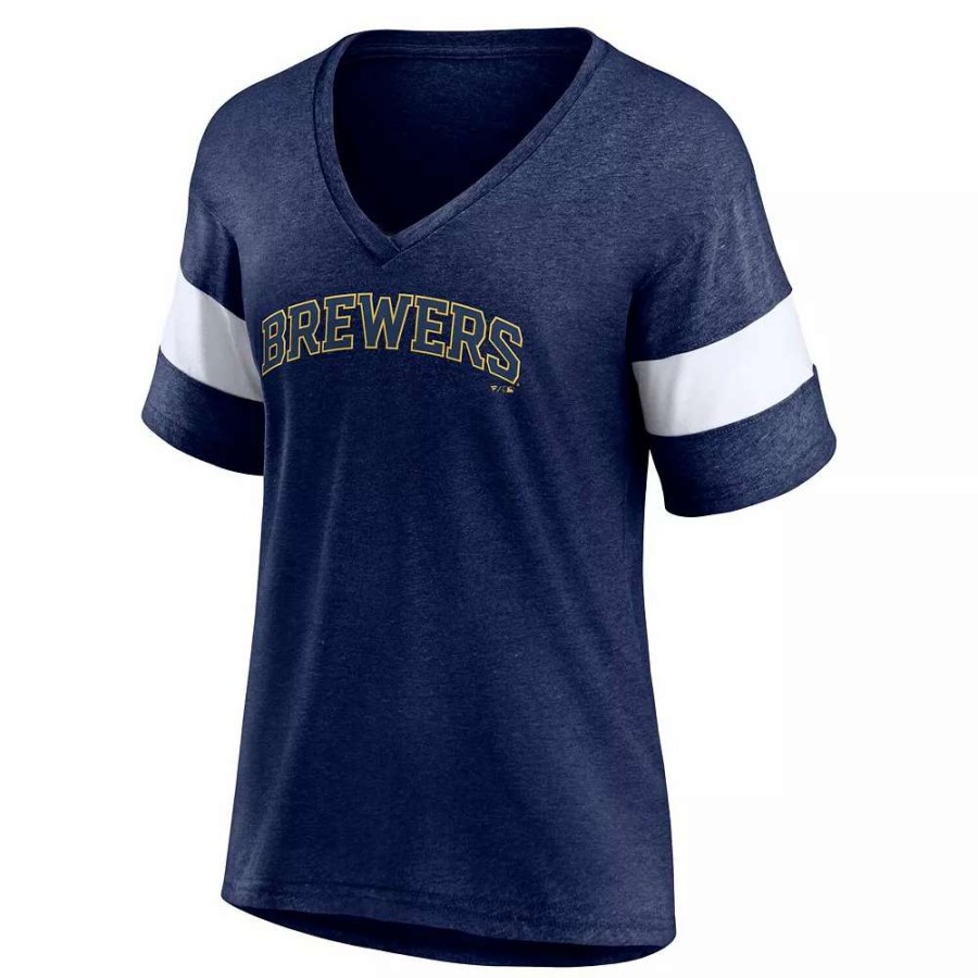 Tops * | Women'S Fanatics Branded Heathered Navy Milwaukee Brewers Wordmark V-Neck Tri-Blend T-Shirt