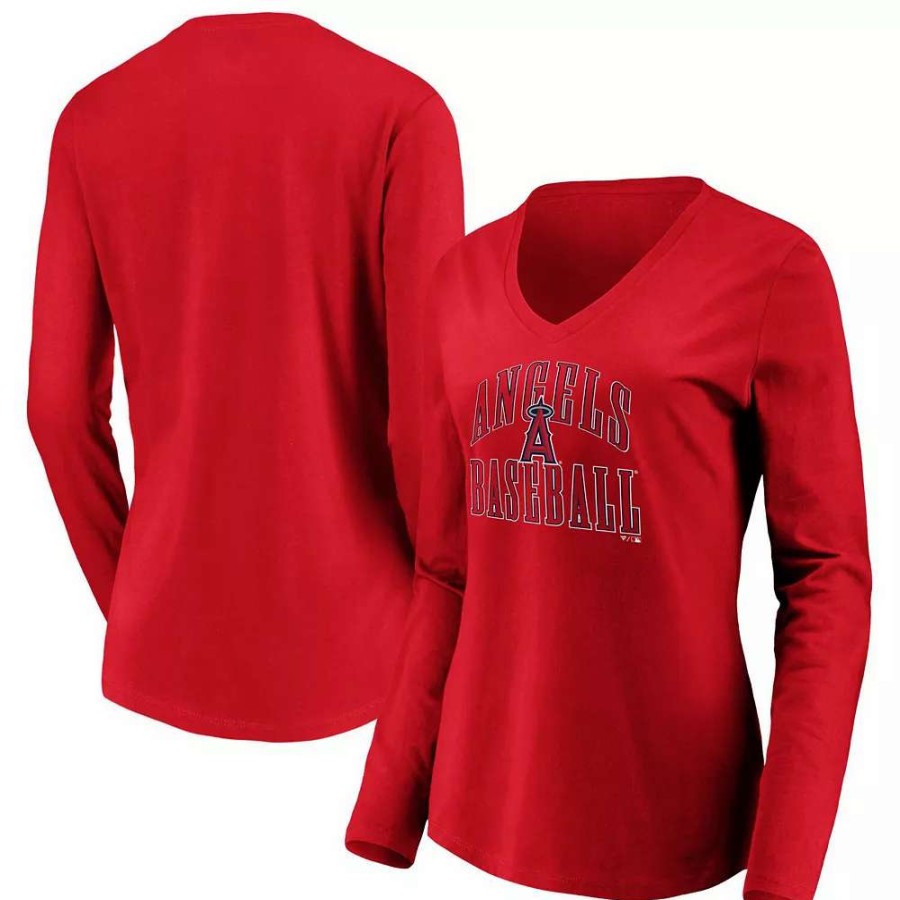 Tops * | Women'S Fanatics Branded Red Los Angeles Angels Victory Script V-Neck Long Sleeve T-Shirt