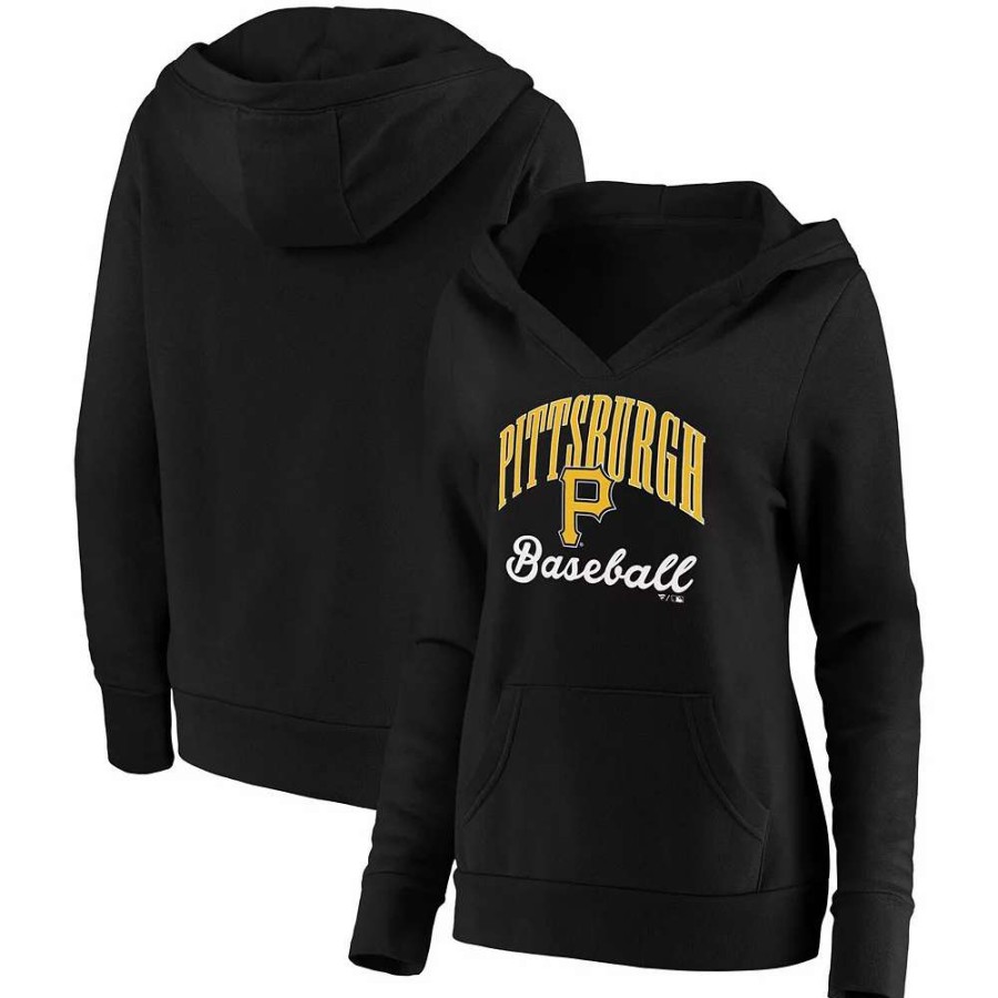 Tops * | Women'S Fanatics Branded Black Pittsburgh Pirates Victory Script Crossover Neck Pullover Hoodie