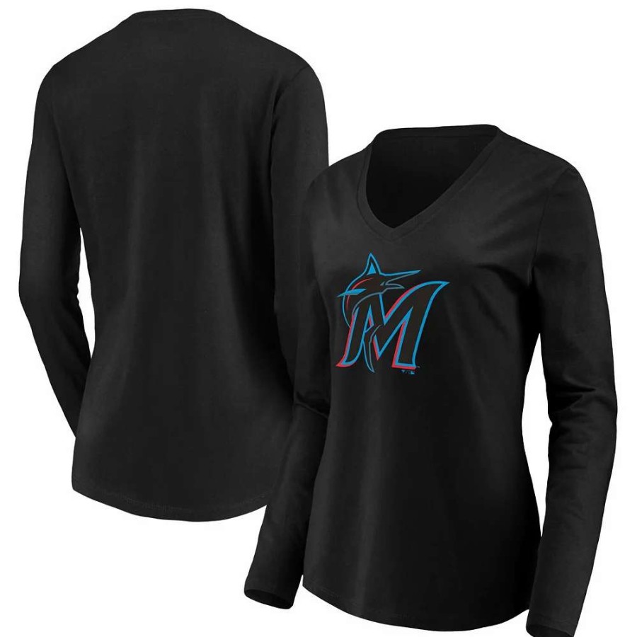 Tops * | Women'S Fanatics Branded Black Miami Marlins Official Logo Long Sleeve V-Neck T-Shirt