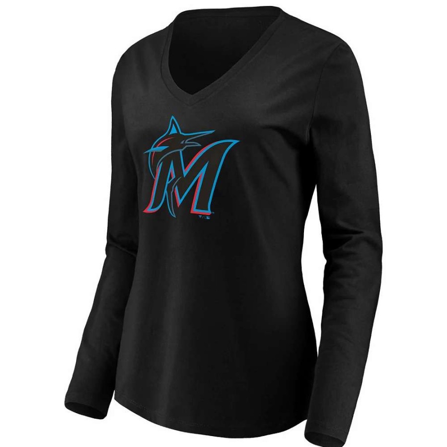 Tops * | Women'S Fanatics Branded Black Miami Marlins Official Logo Long Sleeve V-Neck T-Shirt