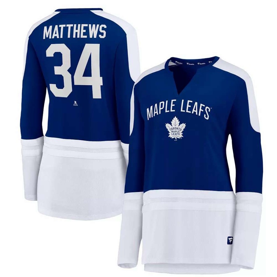 Tops * | Women'S Fanatics Branded Auston Matthews Blue/White Toronto Maple Leafs Power Player Long Sleeve Notch Neck T-Shirt