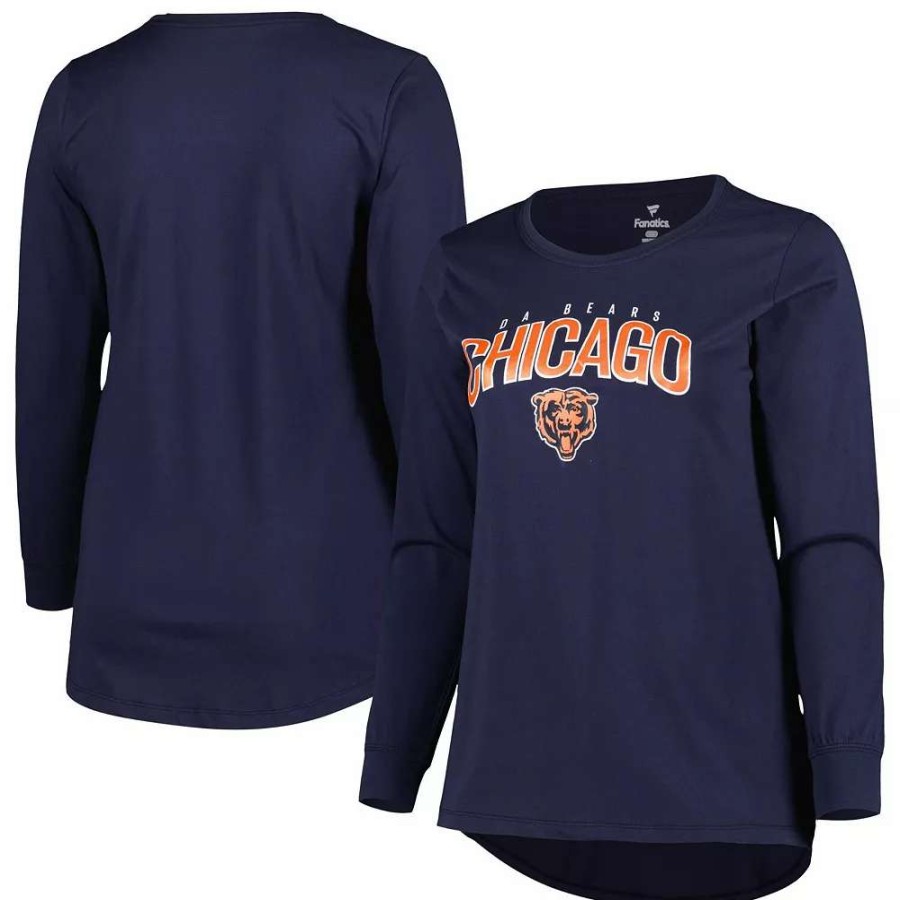 Tops * | Women'S Fanatics Branded Navy Chicago Bears Plus Size Measure Distance Scoop Neck Long Sleeve T-Shirt