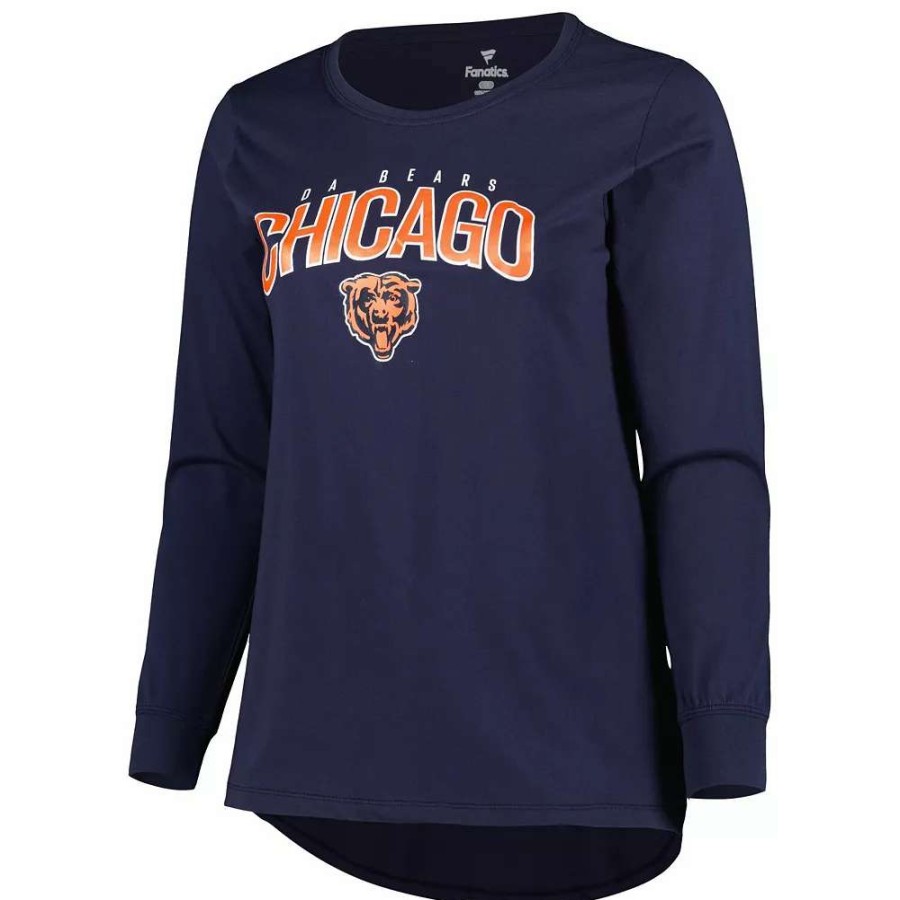 Tops * | Women'S Fanatics Branded Navy Chicago Bears Plus Size Measure Distance Scoop Neck Long Sleeve T-Shirt