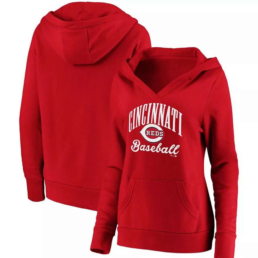 Tops * | Women'S Fanatics Branded Red Cincinnati Reds Victory Script Crossover Neck Pullover Hoodie