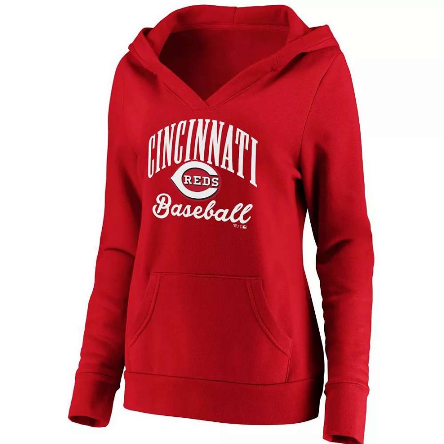 Tops * | Women'S Fanatics Branded Red Cincinnati Reds Victory Script Crossover Neck Pullover Hoodie