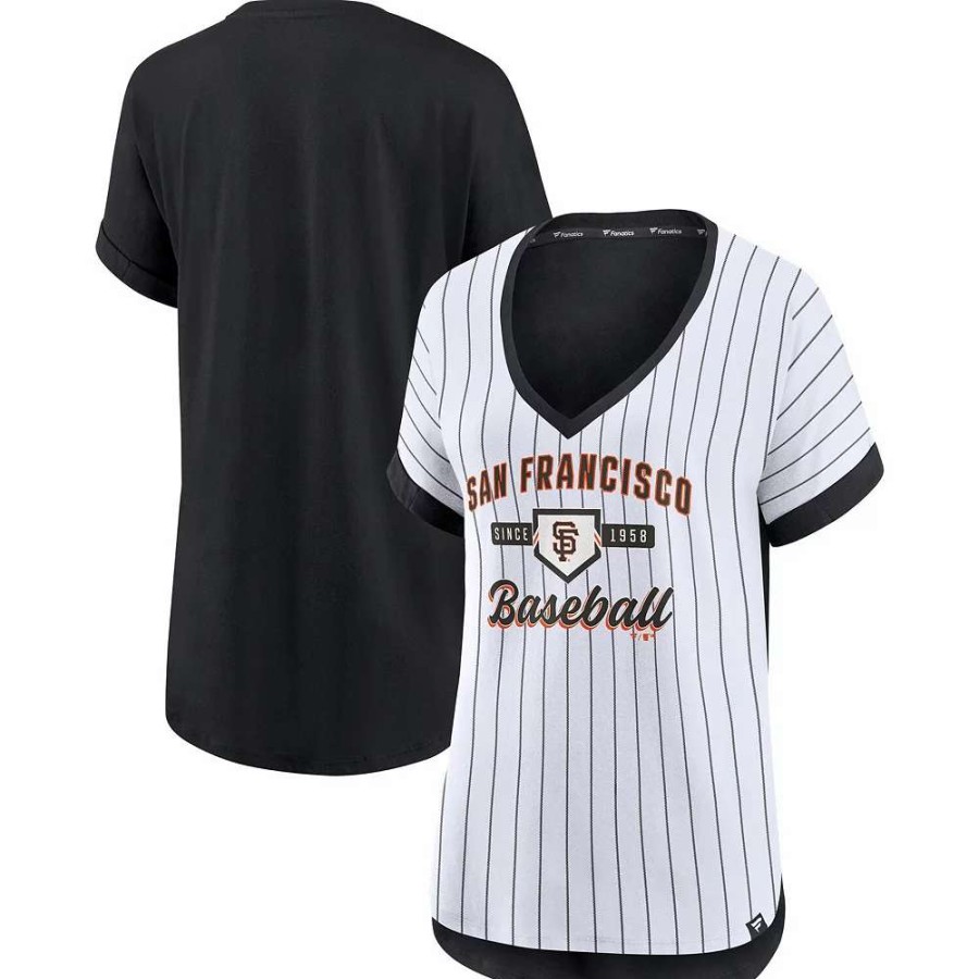 Tops * | Women'S Fanatics Branded White/Black San Francisco Giants Iconic Noise Factor Pinstripe V-Neck T-Shirt