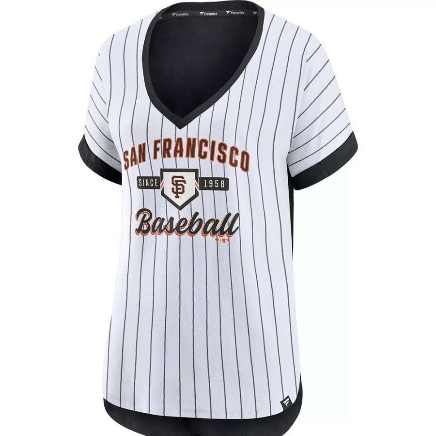 Tops * | Women'S Fanatics Branded White/Black San Francisco Giants Iconic Noise Factor Pinstripe V-Neck T-Shirt