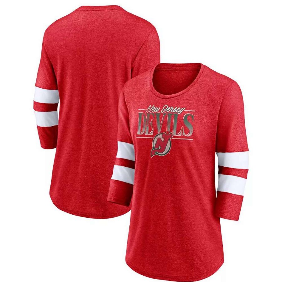 Tops * | Women'S Fanatics Branded Heathered Red/White New Jersey Devils Full Shield 3/4-Sleeve Tri-Blend Raglan Scoop Neck T-Shirt