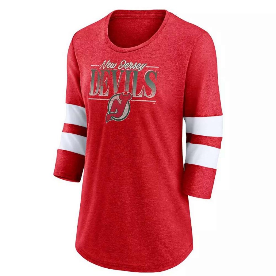 Tops * | Women'S Fanatics Branded Heathered Red/White New Jersey Devils Full Shield 3/4-Sleeve Tri-Blend Raglan Scoop Neck T-Shirt