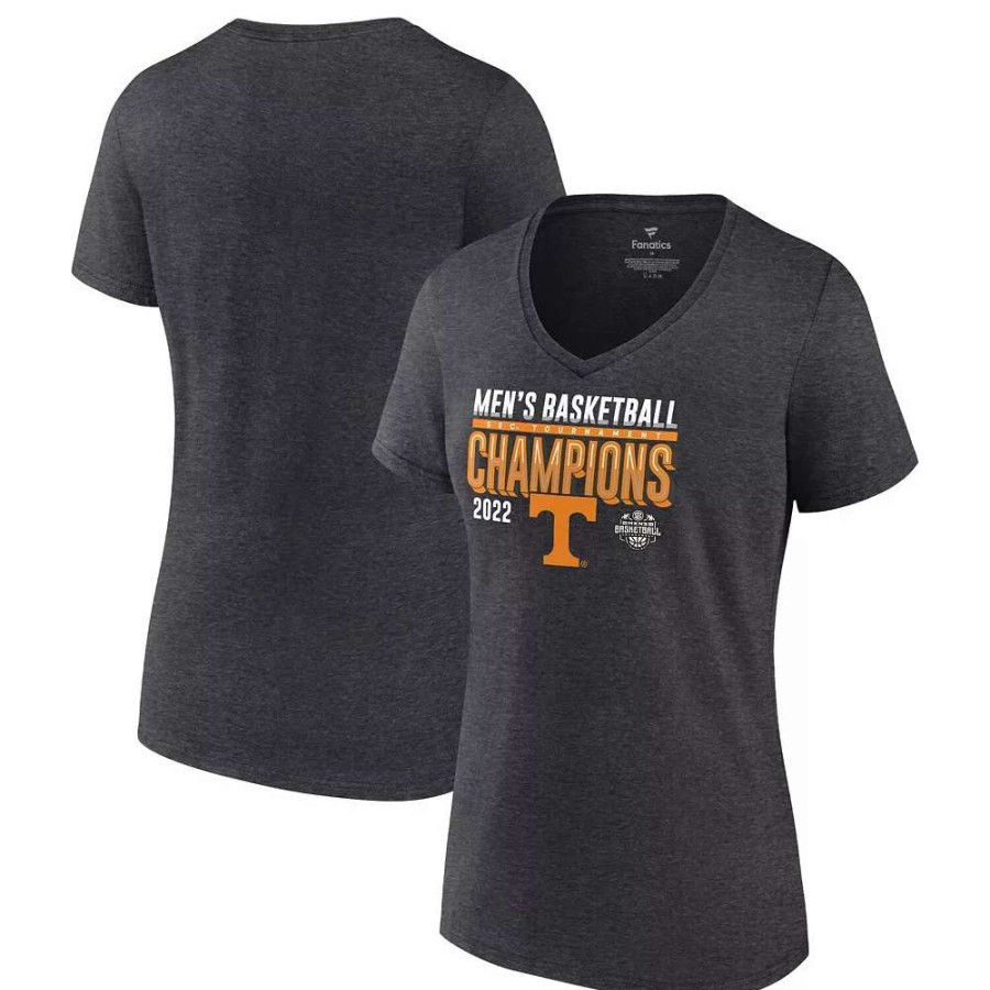 Tops * | Women'S Fanatics Branded Heathered Charcoal Tennessee Volunteers 2022 Sec Men'S Basketball Conference Tournament Champions Locker Room V-Neck T-Shirt