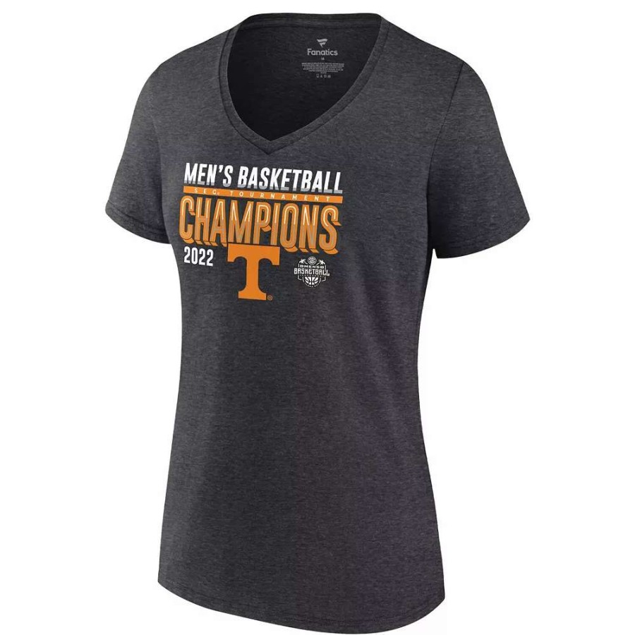 Tops * | Women'S Fanatics Branded Heathered Charcoal Tennessee Volunteers 2022 Sec Men'S Basketball Conference Tournament Champions Locker Room V-Neck T-Shirt