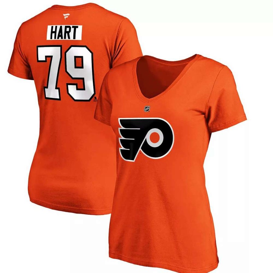 Tops * | Women'S Fanatics Branded Carter Hart Orange Philadelphia Flyers Authentic Stack Name And Number V-Neck T-Shirt