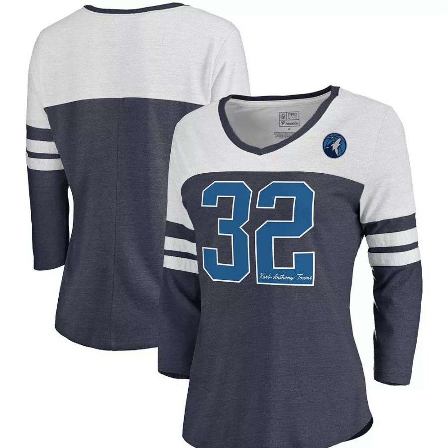 Tops * | Women'S Fanatics Branded Karl-Anthony Towns Navy Minnesota Timberwolves Starstruck Name & Number Tri-Blend 3/4-Sleeve V-Neck T-Shirt