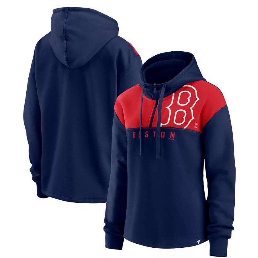 Tops * | Women'S Fanatics Branded Navy Boston Red Sox Iconic Overslide Color-Block Quarter-Zip Hoodie