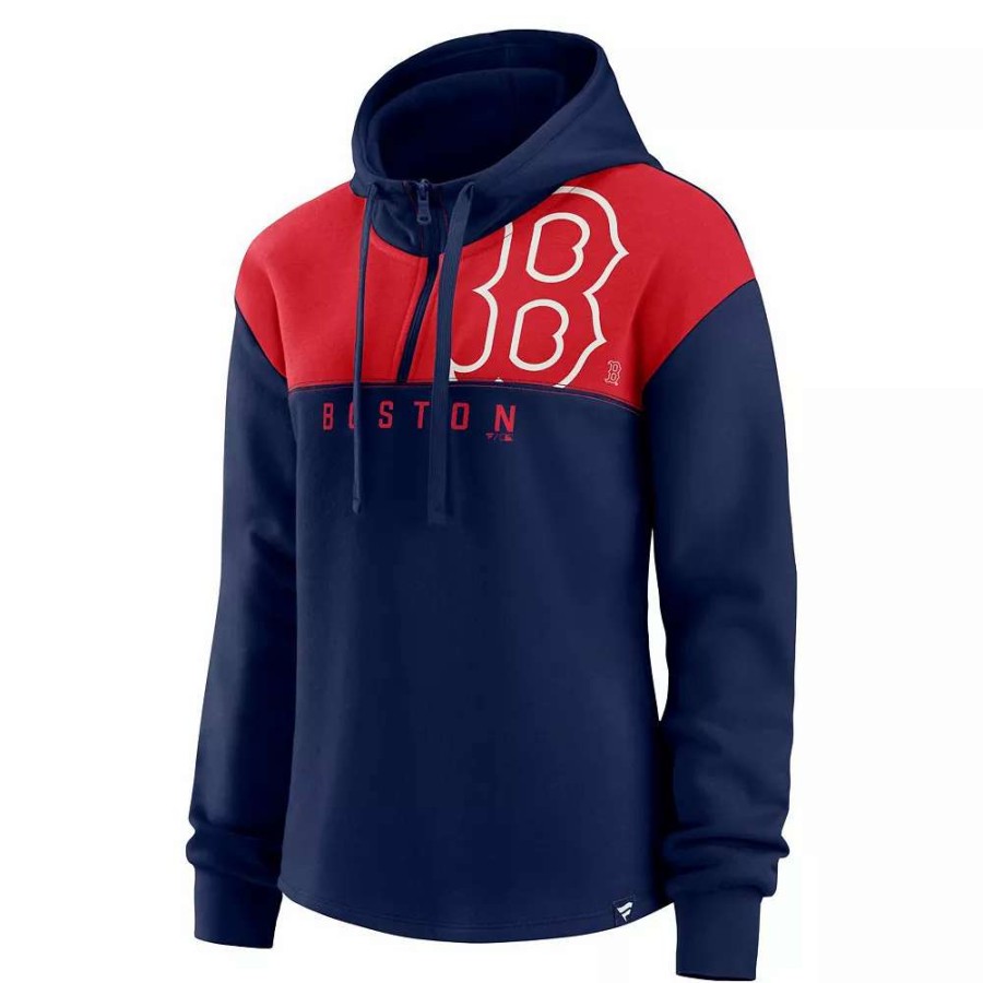 Tops * | Women'S Fanatics Branded Navy Boston Red Sox Iconic Overslide Color-Block Quarter-Zip Hoodie