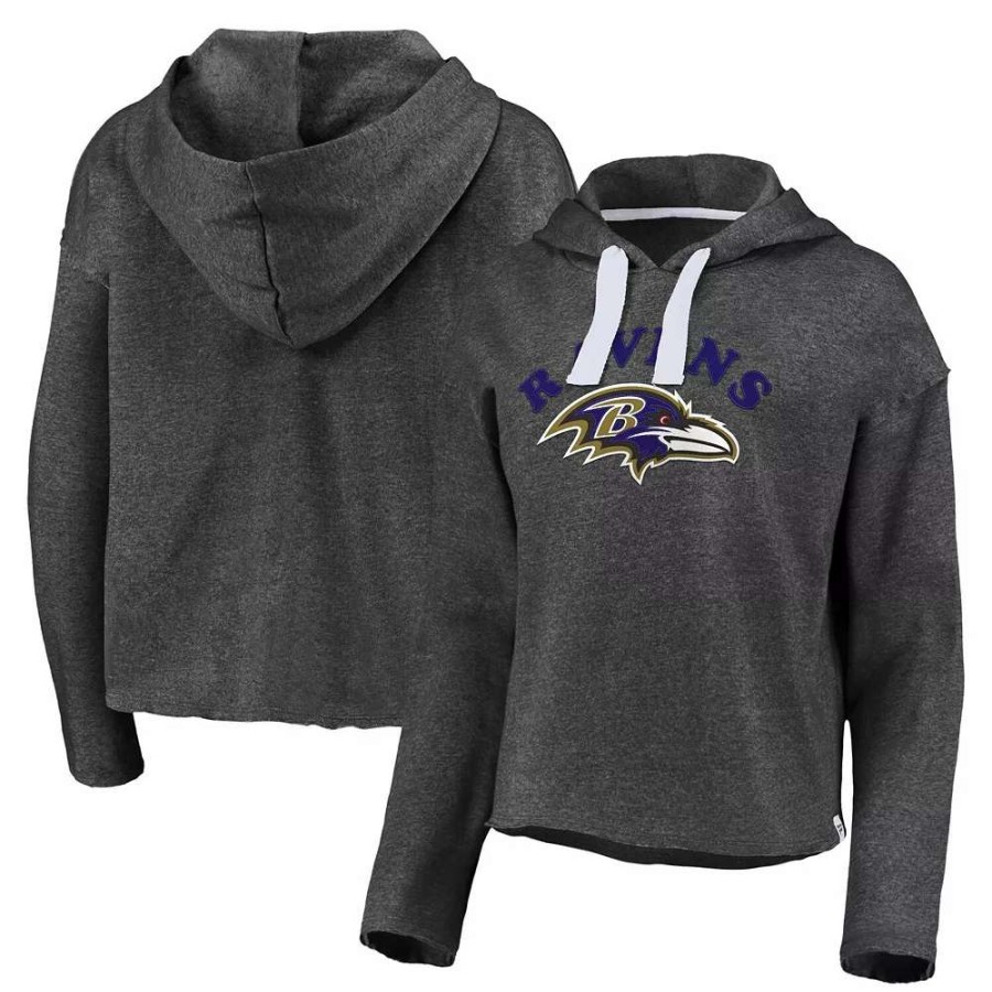 Tops * | Women'S Fanatics Branded Heathered Charcoal Baltimore Ravens Historic Logo Sport Resort Vintage Arc Cropped Raw Edge Pullover Hoodie