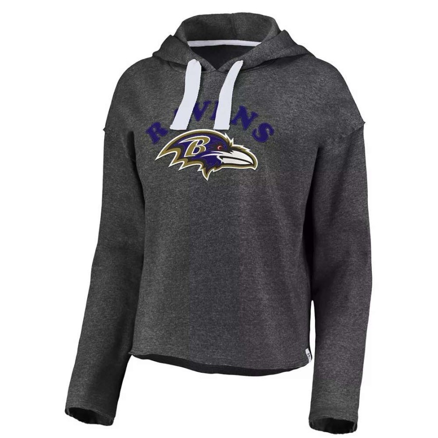 Tops * | Women'S Fanatics Branded Heathered Charcoal Baltimore Ravens Historic Logo Sport Resort Vintage Arc Cropped Raw Edge Pullover Hoodie