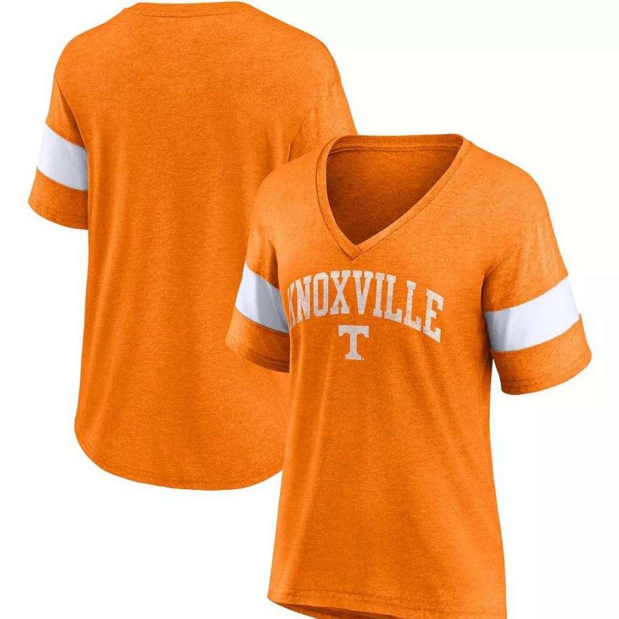 Tops * | Women'S Fanatics Branded Heathered Tennessee Orange Tennessee Volunteers Arched City Sleeve-Striped Tri-Blend V-Neck T-Shirt