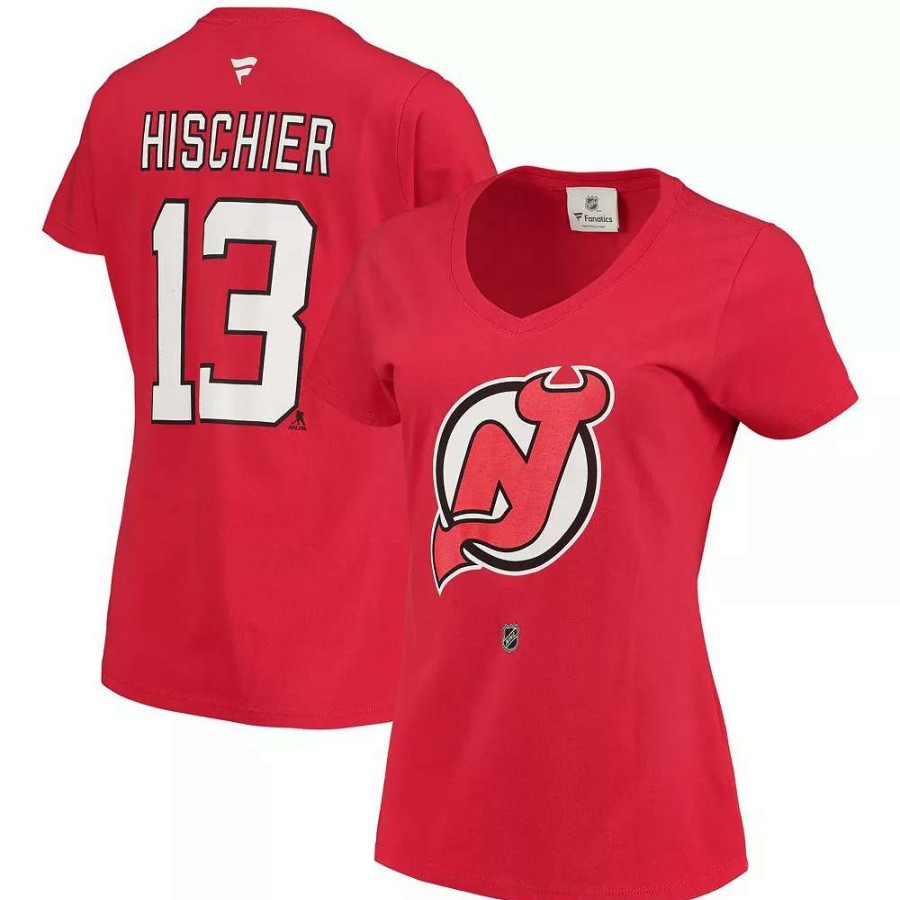 Tops * | Women'S Fanatics Branded Nico Hischier Red New Jersey Devils Name & Number Logo V-Neck T-Shirt