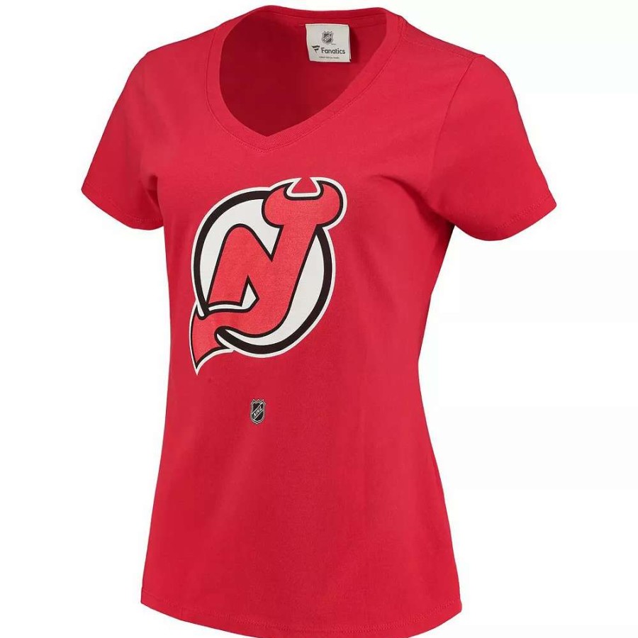 Tops * | Women'S Fanatics Branded Nico Hischier Red New Jersey Devils Name & Number Logo V-Neck T-Shirt