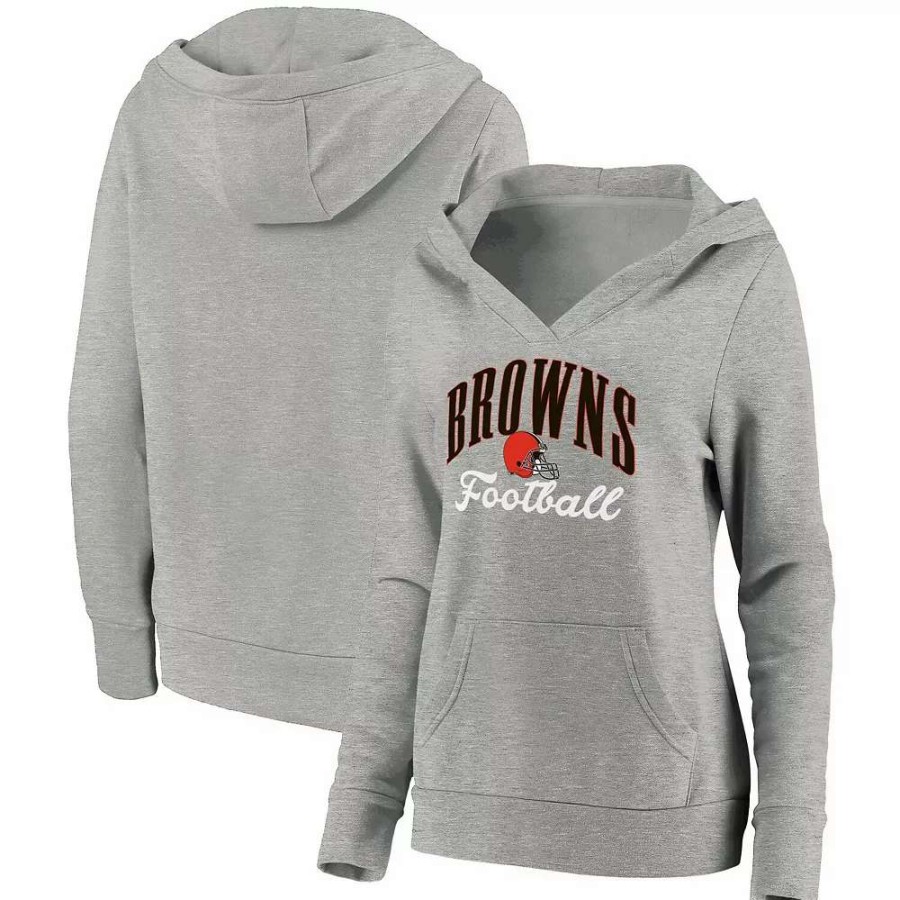 Tops * | Women'S Fanatics Branded Heathered Gray Cleveland Browns Team Victory Script Crossover V-Neck Pullover Hoodie