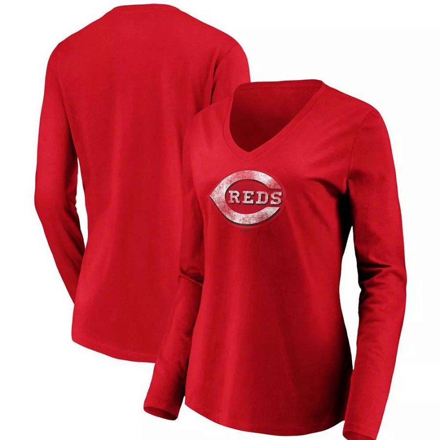 Tops * | Women'S Fanatics Branded Red Cincinnati Reds Core Team Long Sleeve V-Neck T-Shirt