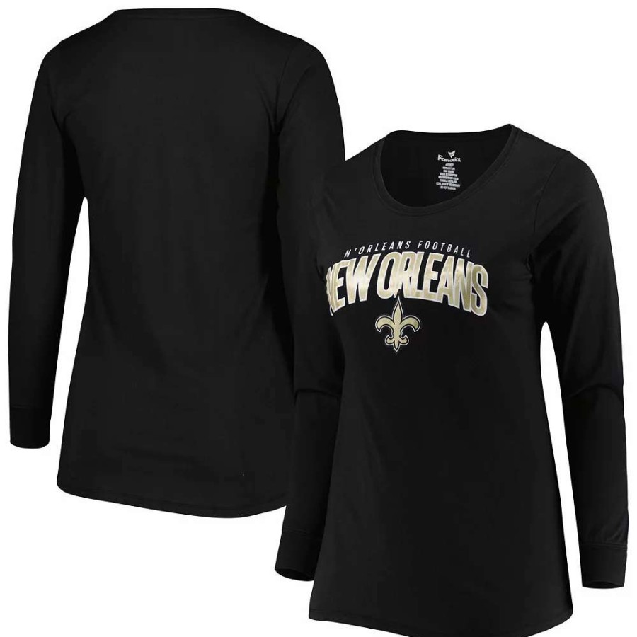 Tops * | Women'S Fanatics Branded Black New Orleans Saints Plus Size Measure Distance Scoop Neck Long Sleeve T-Shirt