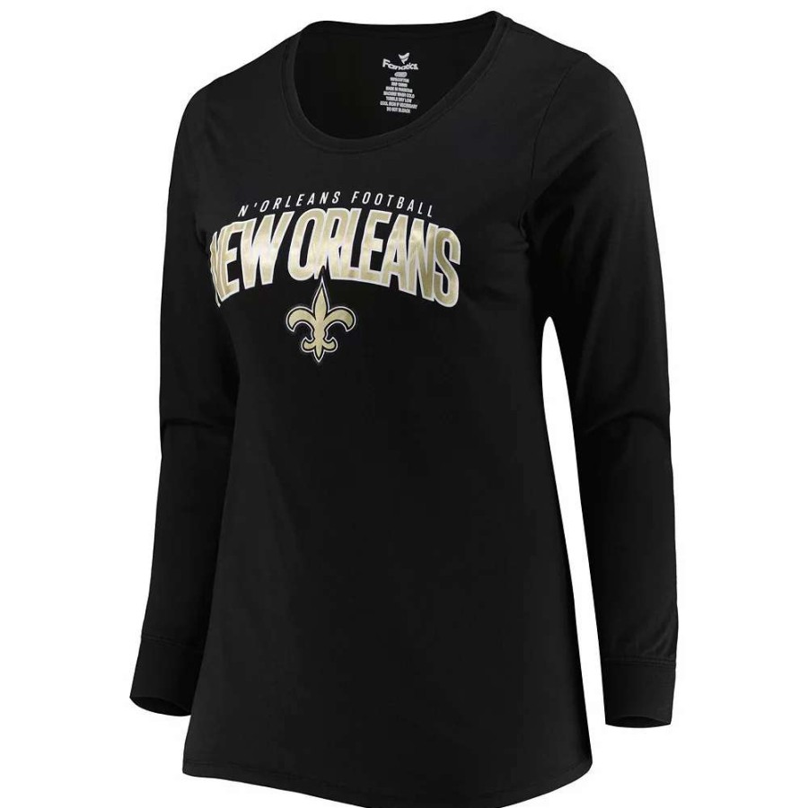 Tops * | Women'S Fanatics Branded Black New Orleans Saints Plus Size Measure Distance Scoop Neck Long Sleeve T-Shirt