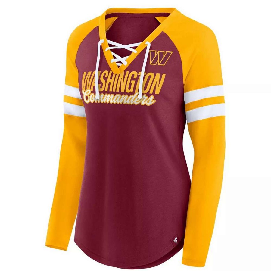 Tops * | Women'S Fanatics Branded Burgundy/Gold Washington Commanders Plus Size True To Form Lace-Up V-Neck Raglan Long Sleeve T-Shirt