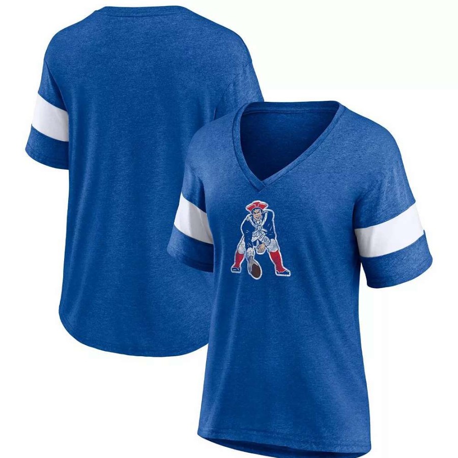 Tops * | Women'S Fanatics Branded Heathered Royal New England Patriots Throwback Logo Tri-Blend Striped V-Neck T-Shirt