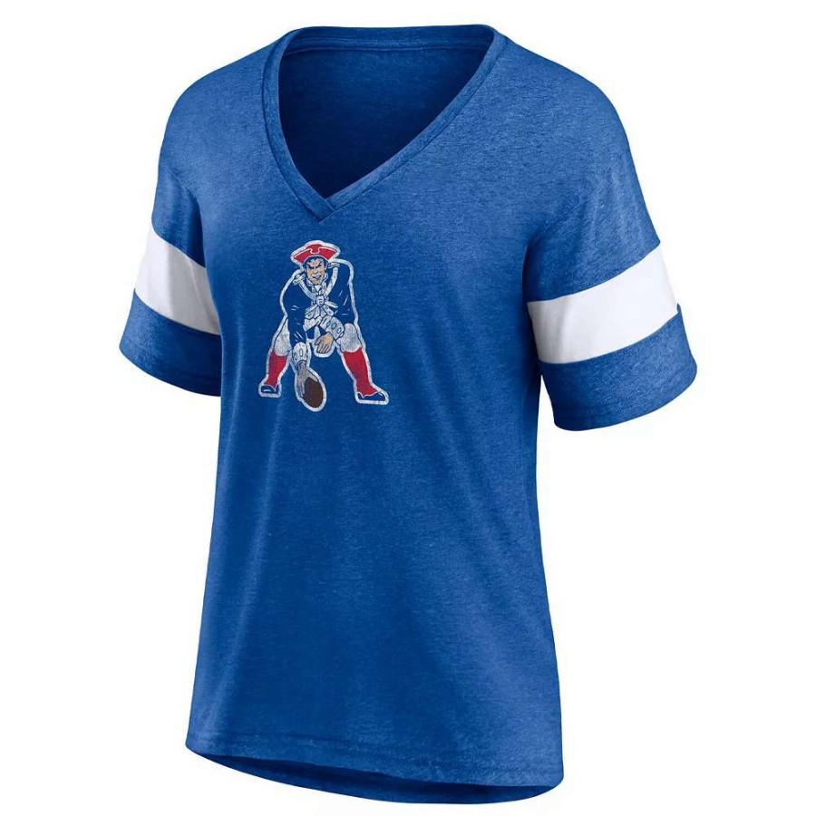 Tops * | Women'S Fanatics Branded Heathered Royal New England Patriots Throwback Logo Tri-Blend Striped V-Neck T-Shirt