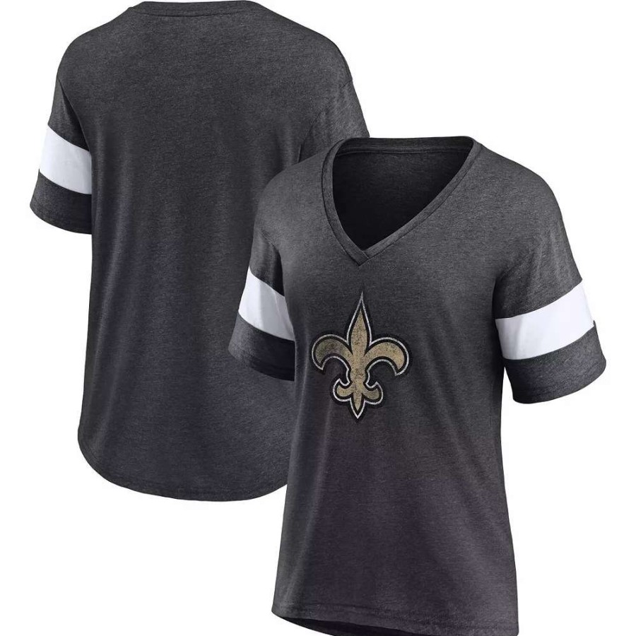 Tops * | Women'S Fanatics Branded Heathered Charcoal/White New Orleans Saints Distressed Team Tri-Blend V-Neck T-Shirt