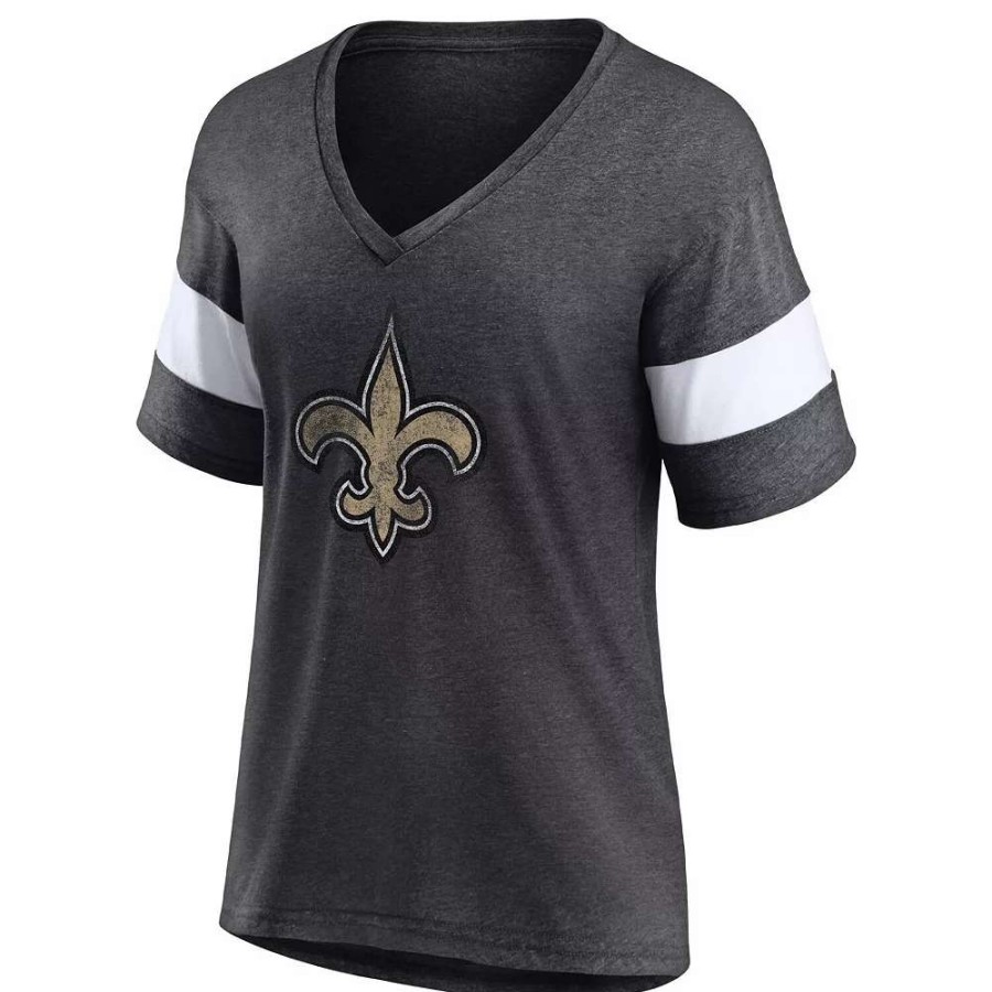 Tops * | Women'S Fanatics Branded Heathered Charcoal/White New Orleans Saints Distressed Team Tri-Blend V-Neck T-Shirt