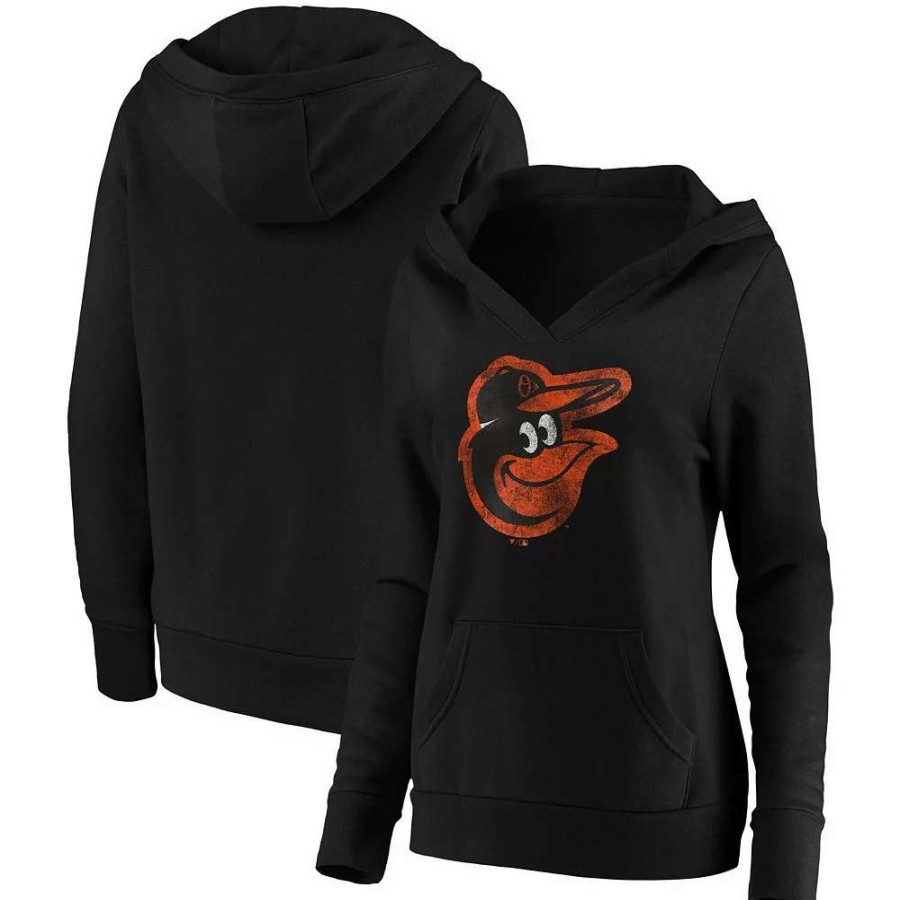 Tops * | Women'S Fanatics Branded Black Baltimore Orioles Core Team Crossover V-Neck Pullover Hoodie